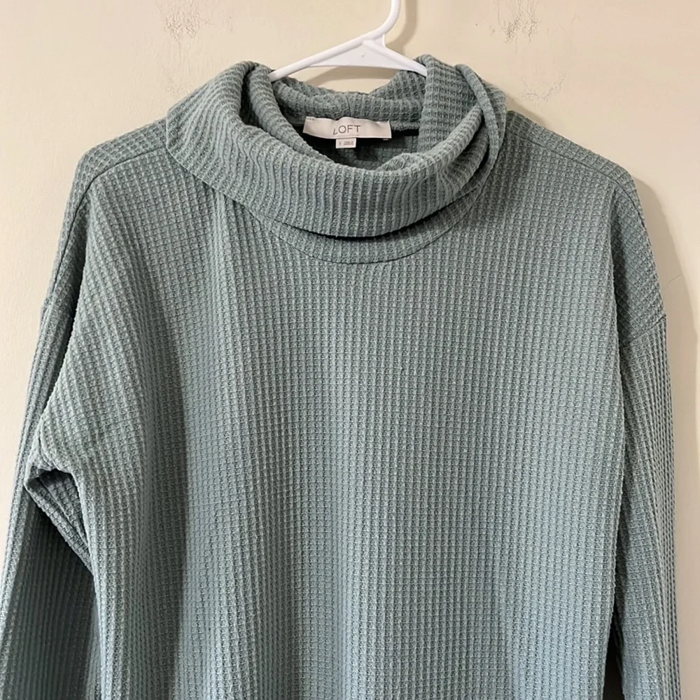 LOFT Waffle Knit Cowl Neck Blue Green Long Sleeve Sweater Size Small - Picture 2 of 7